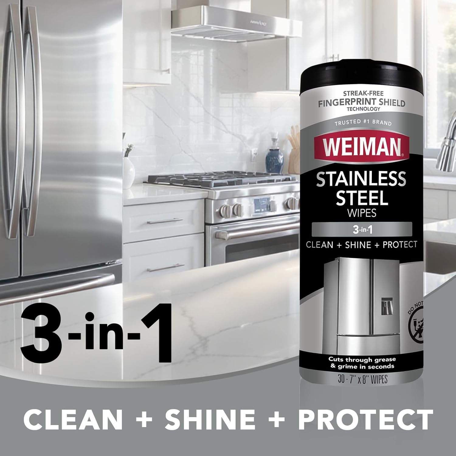 Weiman Stainless Steel Cleaner & Polish Kit, 3 Piece - Spray, Wipes & Cloth, Anti-Fingerprint, Removes Grease, Water Spots, Streaks & Residue, Polishing Cleaner Safe for Appliances, Sinks & Grills - Image 3