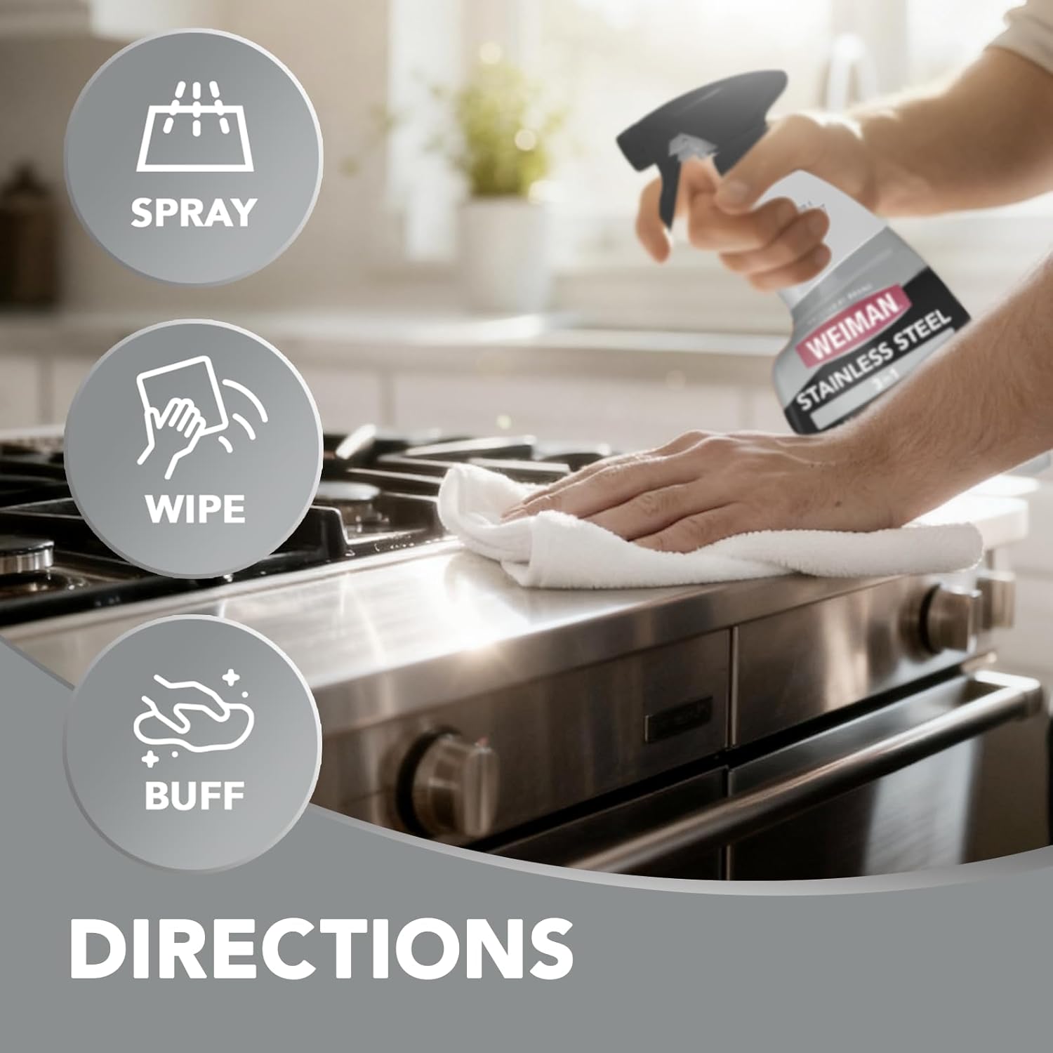 Weiman Stainless Steel Cleaner & Polish Kit, 3 Piece - Spray, Wipes & Cloth, Anti-Fingerprint, Removes Grease, Water Spots, Streaks & Residue, Polishing Cleaner Safe for Appliances, Sinks & Grills - Image 9