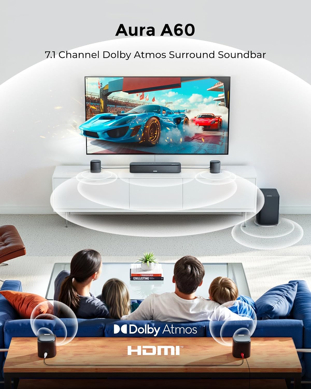 ULTIMEA 7.1ch Sound Bar with Dolby Atmos, Surround Sound System for TV with 4 Surround Speakers, Sound Bar for Smart TV with App Control, Soundbar with Subwoofer for Home Theater, HDMI eARC, Aura A60 - Image 2