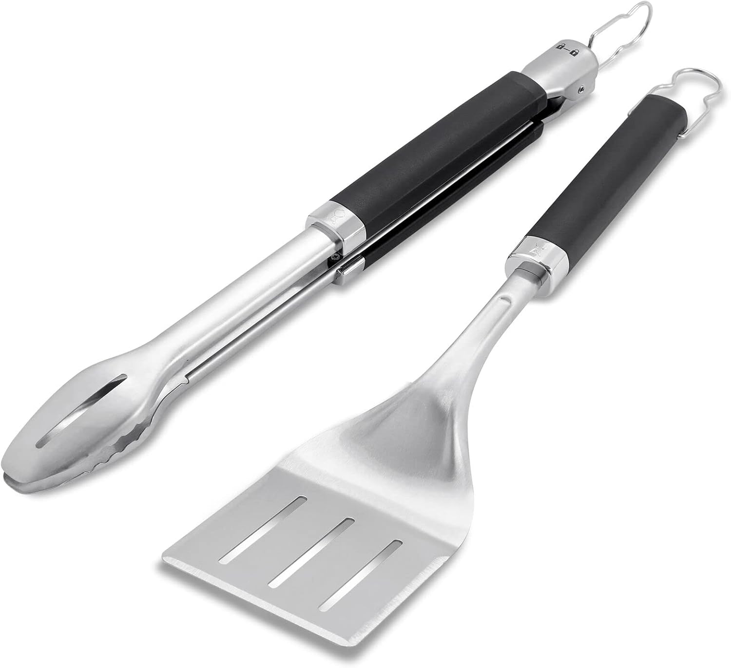 Weber Precision Tongs & Spatula Grilling Tool Set – Stainless Steel BBQ Tools with Hands‑Free Locking Tongs, 3‑Sided Beveled Spatula, Non‑Slip Soft‑Touch Handles