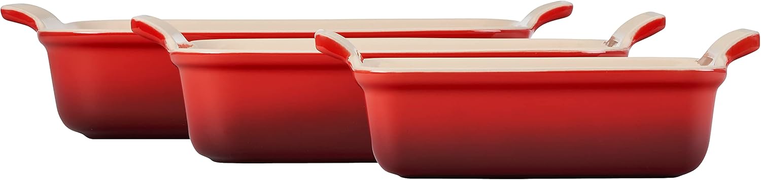 Le Creuset Stoneware Heritage Set 3 Rectangular Dishes, Cerise - Image 2