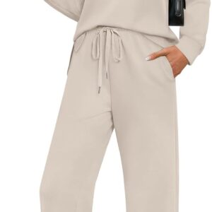 WIHOLL Two Piece Sets for Women Spring Travel Vacation Outfits 2026 Long Sleeve Lounge Sets Side Slit Wide Leg Pants S-3XL