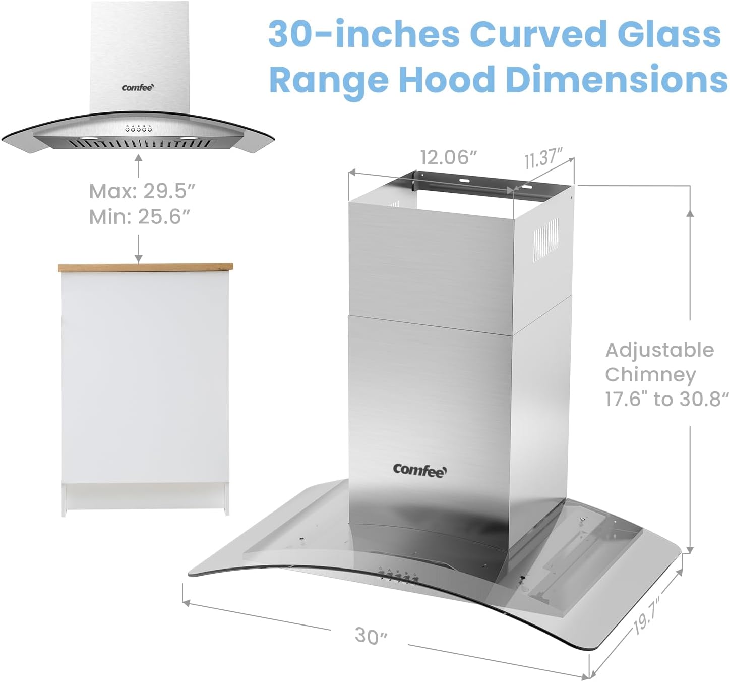COMFEE' CVG30W8AST 30 Inches Ducted Wall Mount Vent Range Hood with 450 CFM 3 Speed Exhaust Fan, Baffle Filters, Curved Glass, 2 LED Lights, Convertible to Ductless, Stainless Steel - Image 8