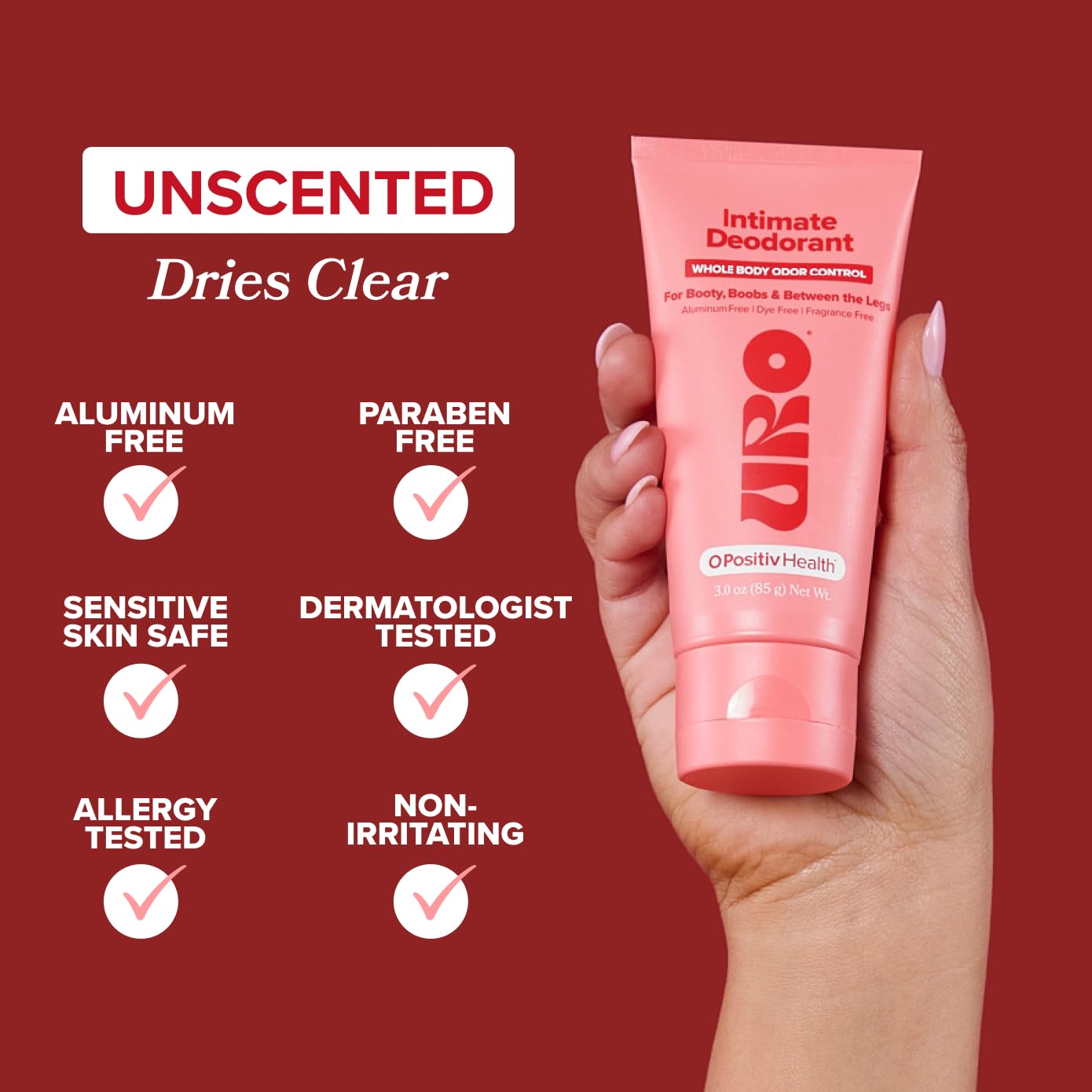 URO Intimate Whole Body Deodorant Cream – Dermatologist Tested, Hypoallergenic, Non-irritating, Aluminum Free, Unscented, Dries Clear – Odor & Moisture Control, Anti-Chafing – 3 Oz Tube (Pack of 1) - Image 3