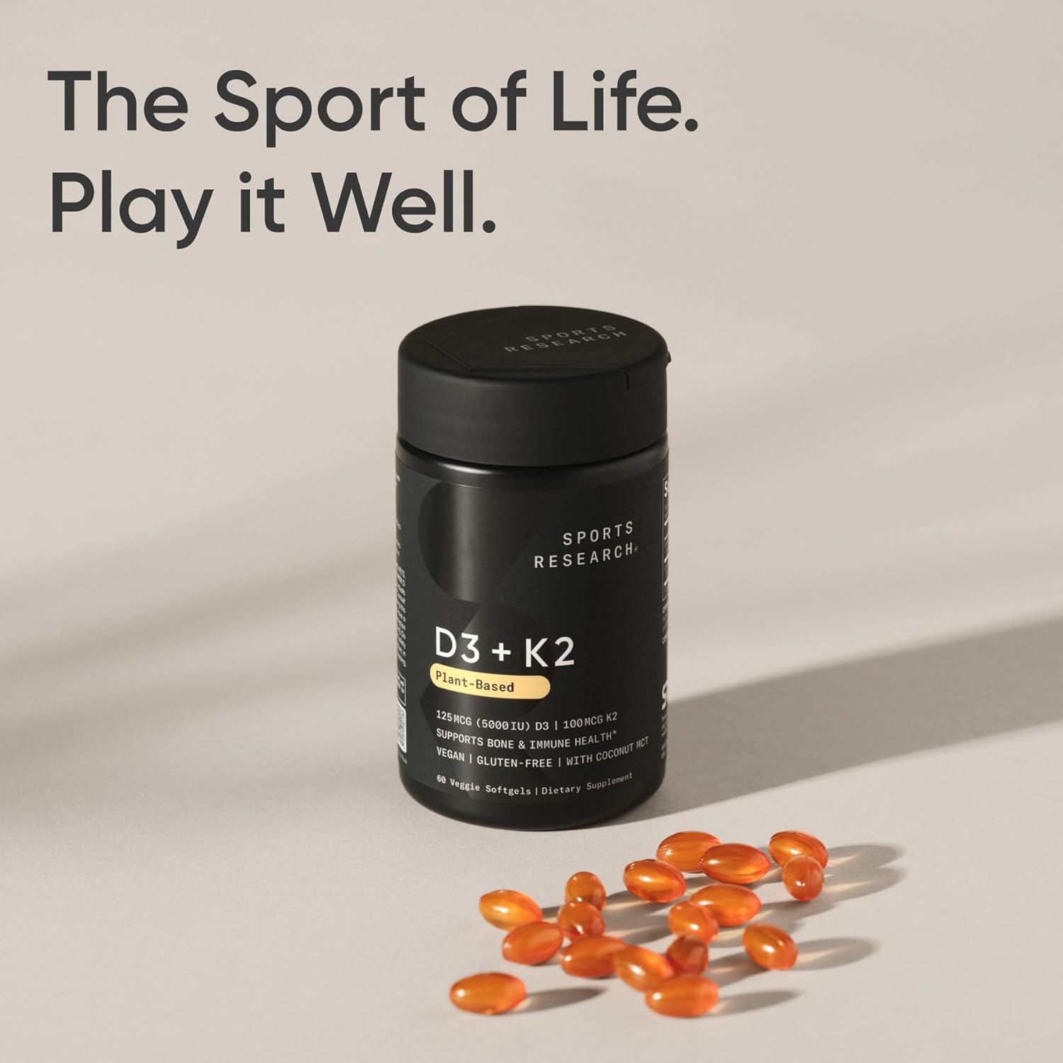 Sports Research® Vitamin D3 + K2 w/ Coconut Oil - Vegan Vitamin D 5000iu & Mk7 Vitamin K 100mcg for Bone & Immune Support - Vegan Certified · Non-GMO · Soy Free - 60 Softgels - Image 7