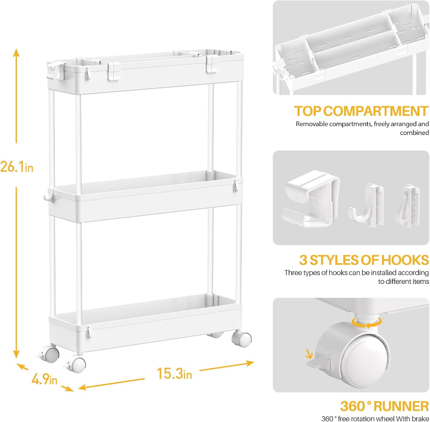 SPACELEAD Slim Storage Cart 3 Tier,Bathroom Organizer Rolling Utility, Mobile Shelving Unit Slide Out for Office, Kitchen, Laundry Room & Narrow Places,White - Image 4