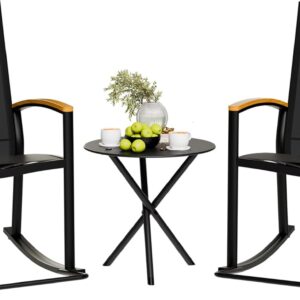 Shintenchi 3 Piece Outdoor Rocking Bistro Set, Textilene Fabric Small Patio Furniture Set, Front Porch Rocker Chairs Conversation Set with Table for Lawn, Garden, Balcony, Poolside (Black)