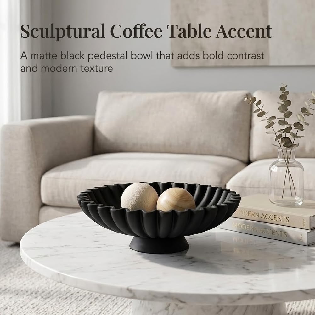 9.5" Large Decorative Bowl - Scalloped Pedestal Bowls for Home Decor, Key Bowls for Entryway Table, Decorative Fruit Bowl for Kitchen Counter, Resin Black Ruffle Coffee Table Decor - Image 3