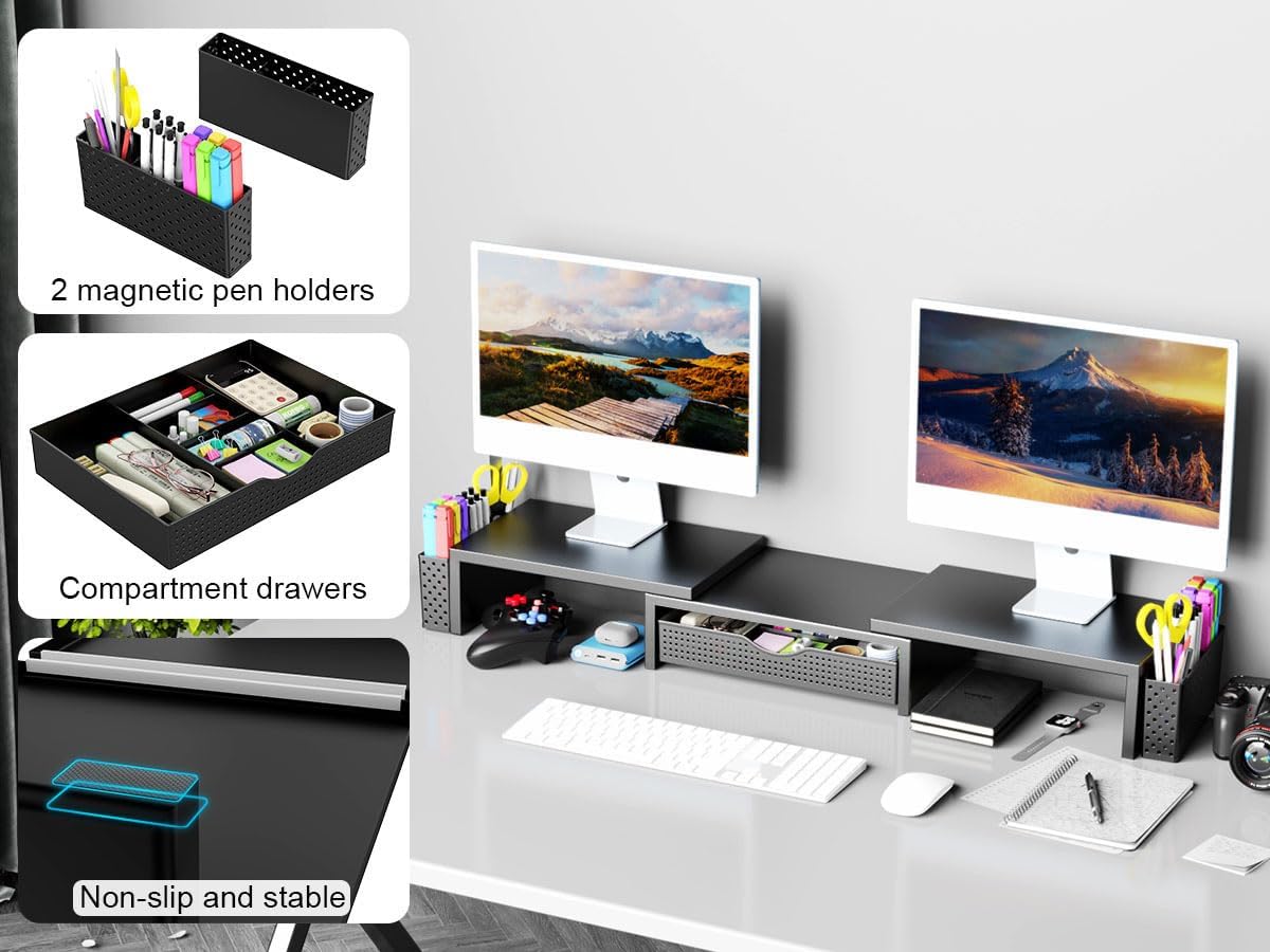 Spacrea Metal Desk Organizers and Accessories, Dual Monitor Stand Riser with Drawer and 2 Pen Holders, Book Racks, Desk Accessories & Workspace Desktop Organizers for Office Supplies (Black) - Image 4
