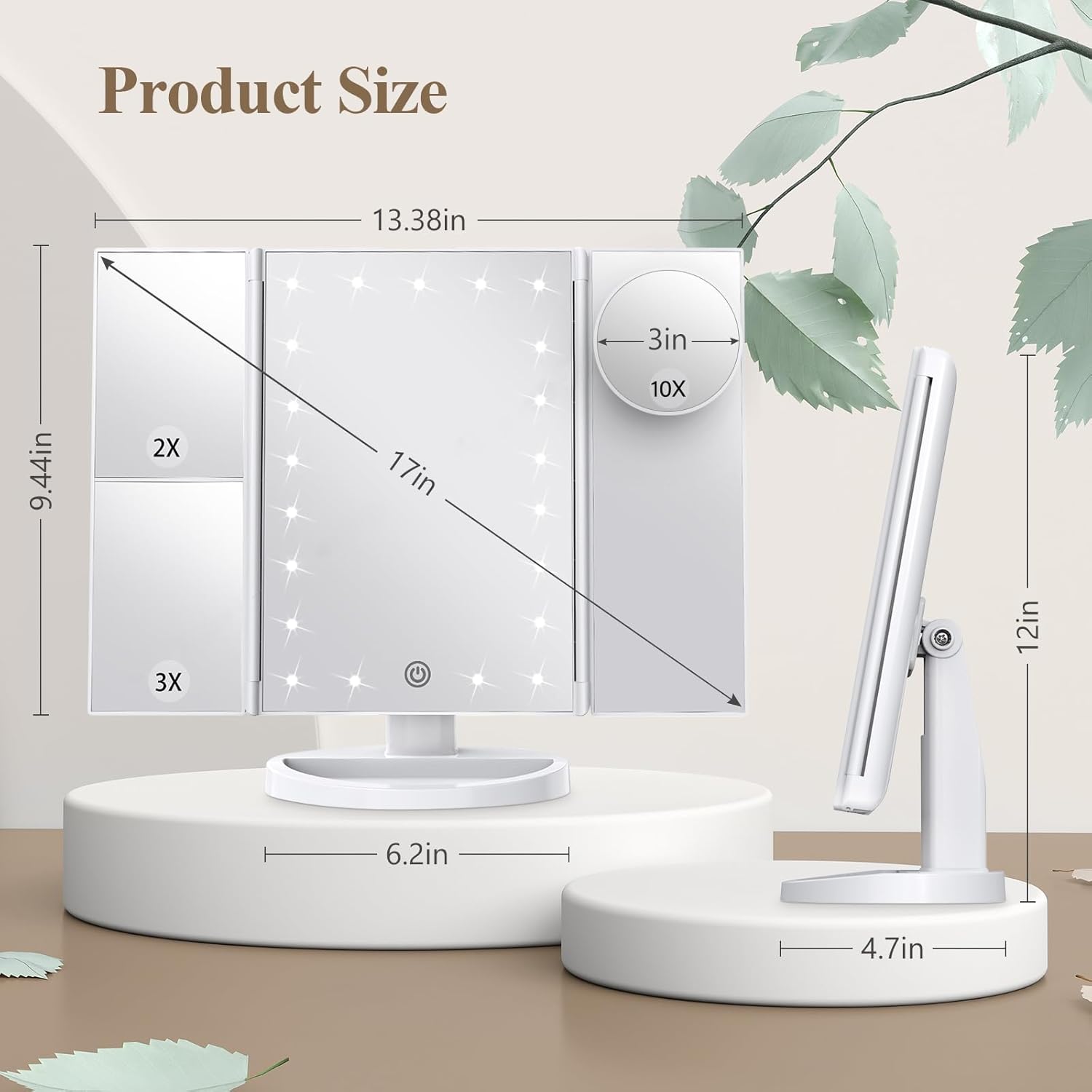 HUONUL Makeup Mirror, Vanity Mirror with Lights, 2X/3X/10X Magnification, Touch Control, Trifold, Dual Power Supply, Mothers Day, Birthday Gifts for Mom,Gifts for Women,Girls, Dorm Room Essentials - Image 6