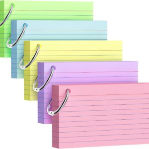 250 Count Index Cards 3×5 Inch with Key Ring, 180gsm Heavy Weight Colored Flash Cards 5 Color Assortment (50 Sheets Each) Note Taking for Students, Study Note Cards for Office School Supplies