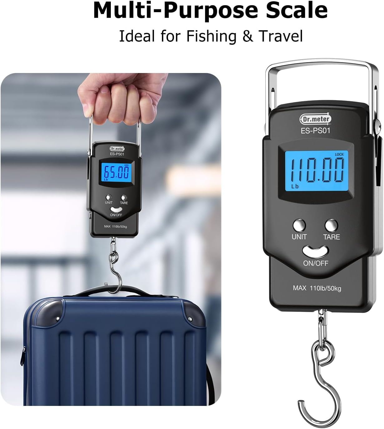 Dr.meter Fish Scale Luggage Scale Fishing Gear - 110lb Backlit LCD Display Digital Scale with Built-in Measuring Tape - Fishing Scale with 2 AAA Batteries, Pocket Size - Fishing Gifts for Men - Image 8