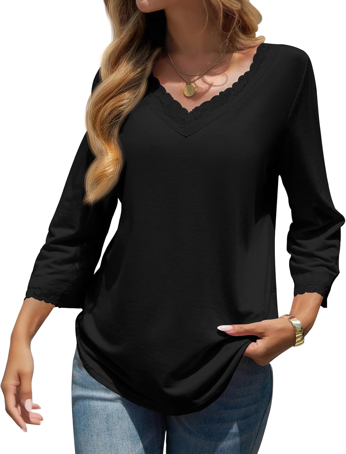 Womens Tops 3/4 Length Sleeve Lace V Neck T-shirt Dressy Casual Blouses Summer Outfits Beach Vacation Tunic Blouses - Image 2
