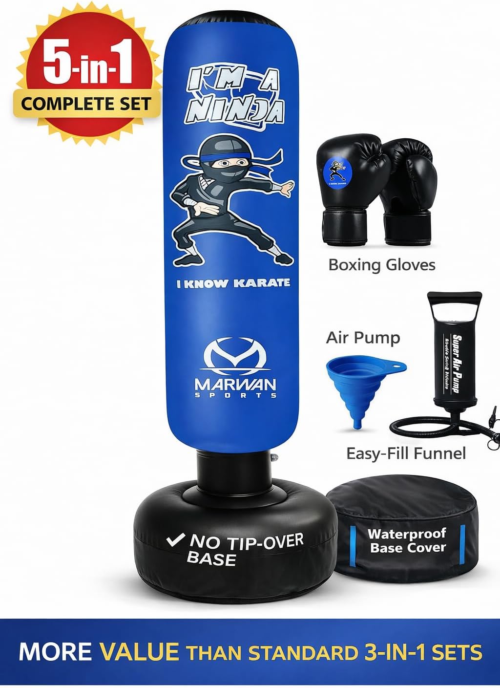 Marwan Sports 5-in-1 Kids Punching Bag Set with Gloves, Pump & Funnel – 63” Inflatable Boxing Bag for Kids 4-12, Durable PVC, Fast Rebound, Waterproof Base Cover with Handles, Gift for Boys & Girls - Image 2