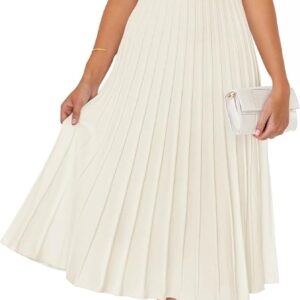 ZESICA Women’s 2026 Casual Striped Midi Dress Crewneck Short Sleeve Button Ribbed Knit Swing Pleated A Line Dresses
