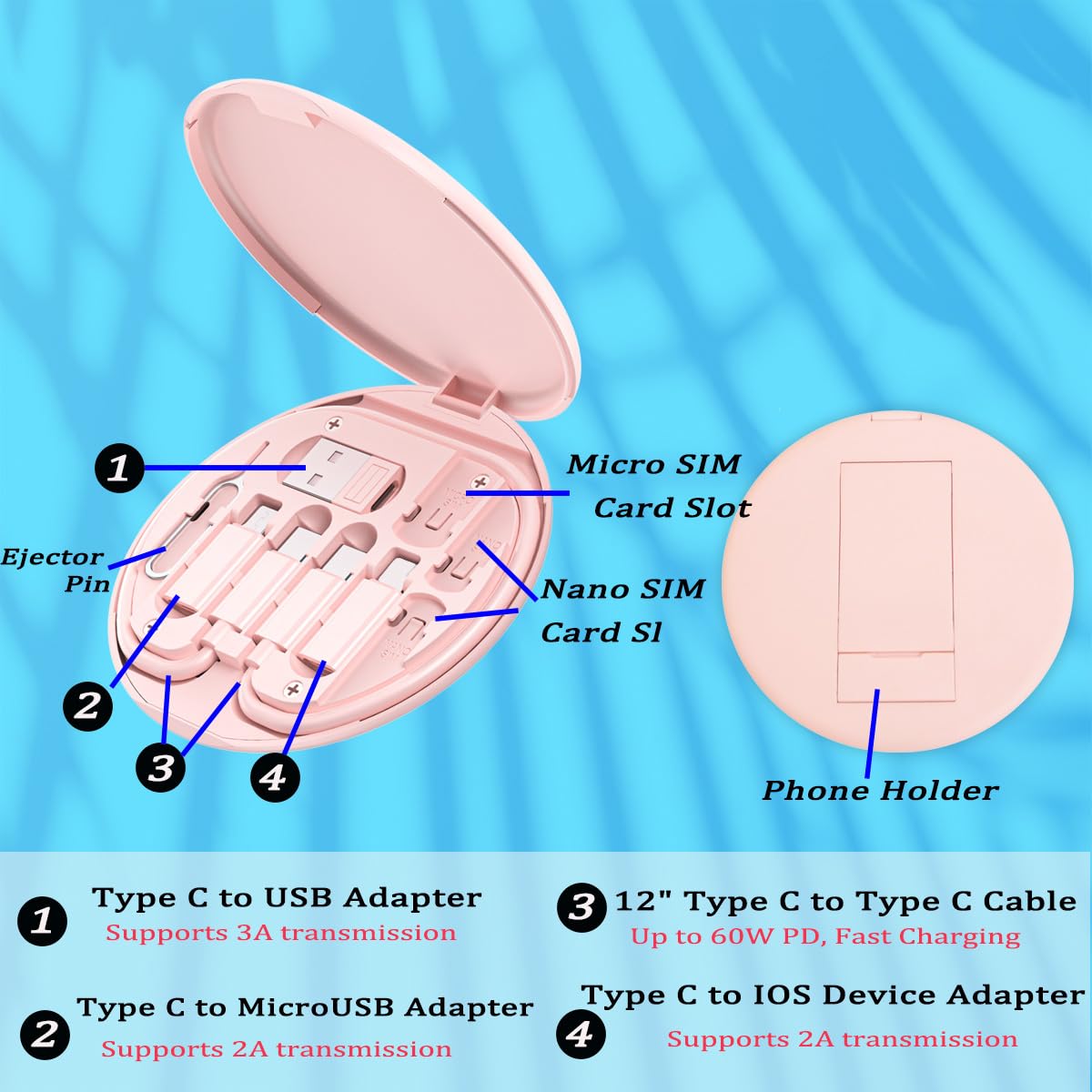 Multi USB Charging Adapter Cable Kit, USB C to iOS Device Adapter Box, Conversion Set A & Type C to Male Micro /Type C/iOS Device, Data Transfer, Card Storage, Tray Eject Pin, Phone Holder (pink) - Image 3