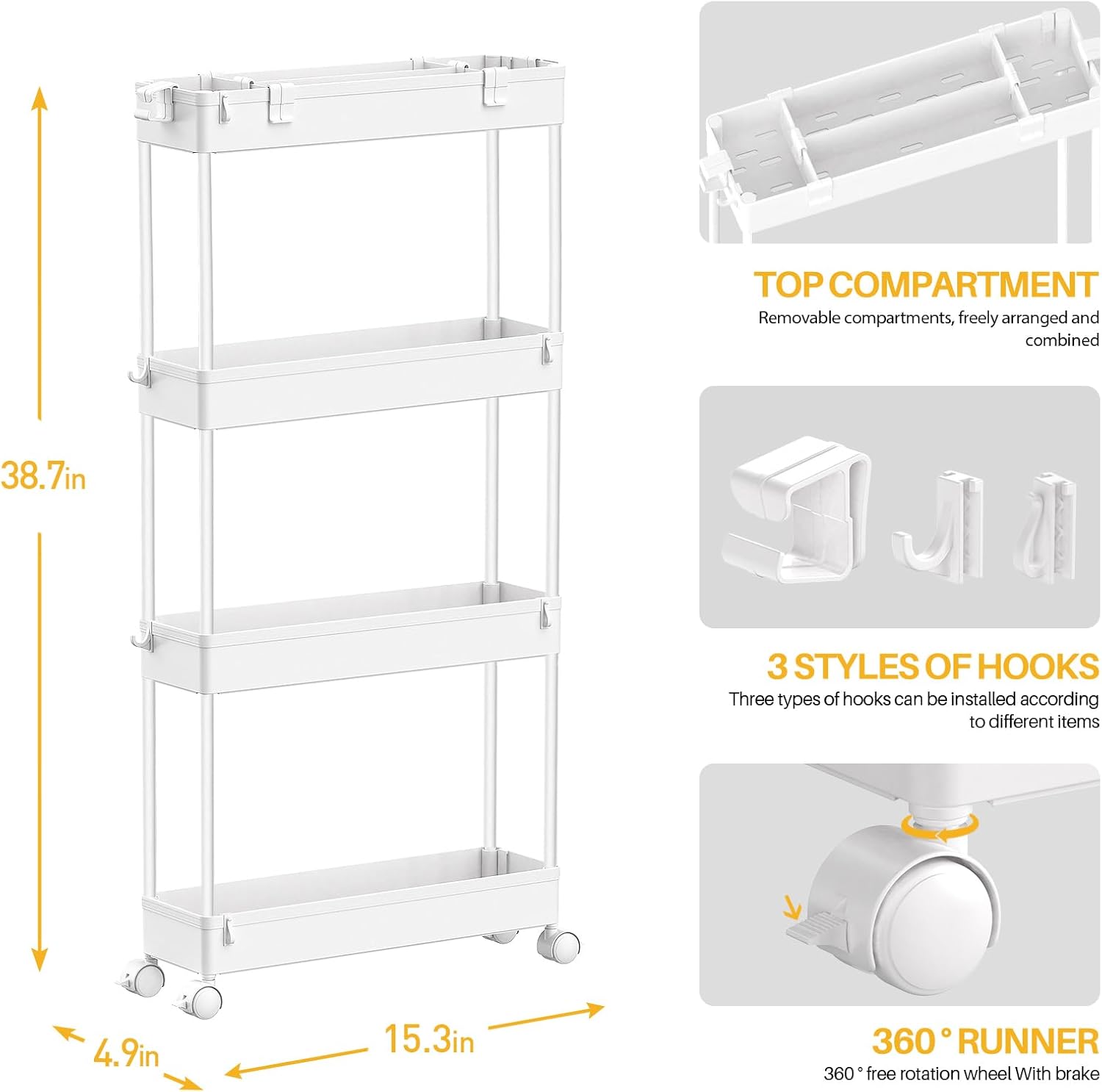 SPACELEAD Slim Storage Cart 4 Tier,Bathroom Organizer Rolling Utility, Mobile Shelving Unit Slide Out for Office, Kitchen, Laundry Room & Narrow Places,White - Image 3