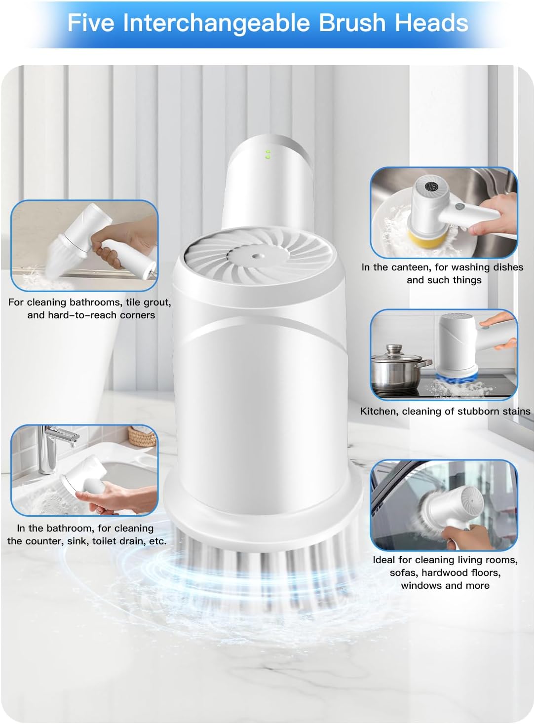 Electric Spin Scrubber - Cordless IPX7 Waterproof Shower Scrubber with 2 Speed Settings and 6 Replaceable Heads,Electric Cleaning Brush for Bathroom,Kitchen and Windows - Image 4