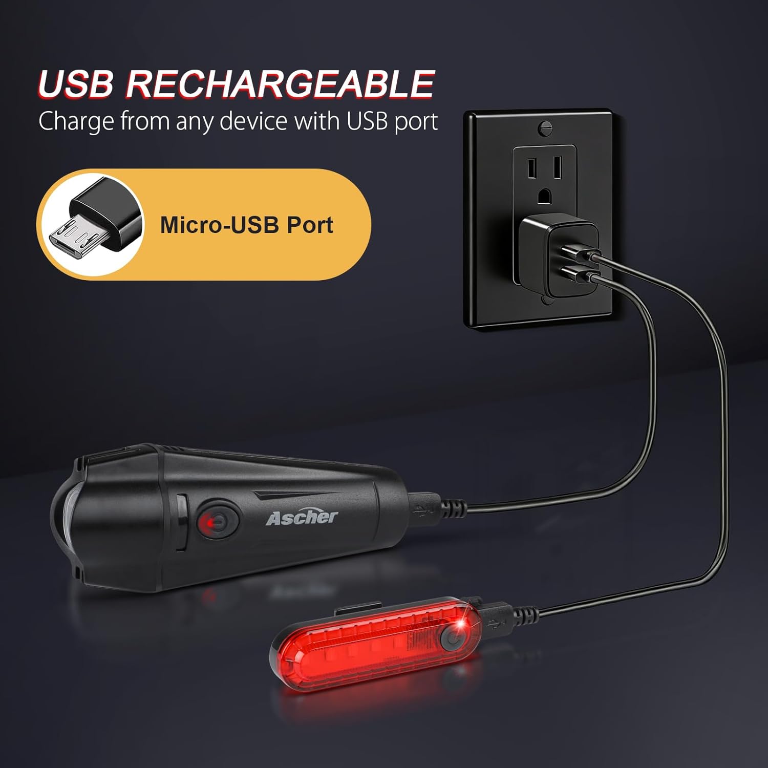Ascher Ultra Bright USB Rechargeable Bike Light Set, Powerful Bicycle Front Headlight and Back Taillight, 4 Light Modes, Easy to Install for Men Women Kids Road Mountain Cycling Black - Image 7