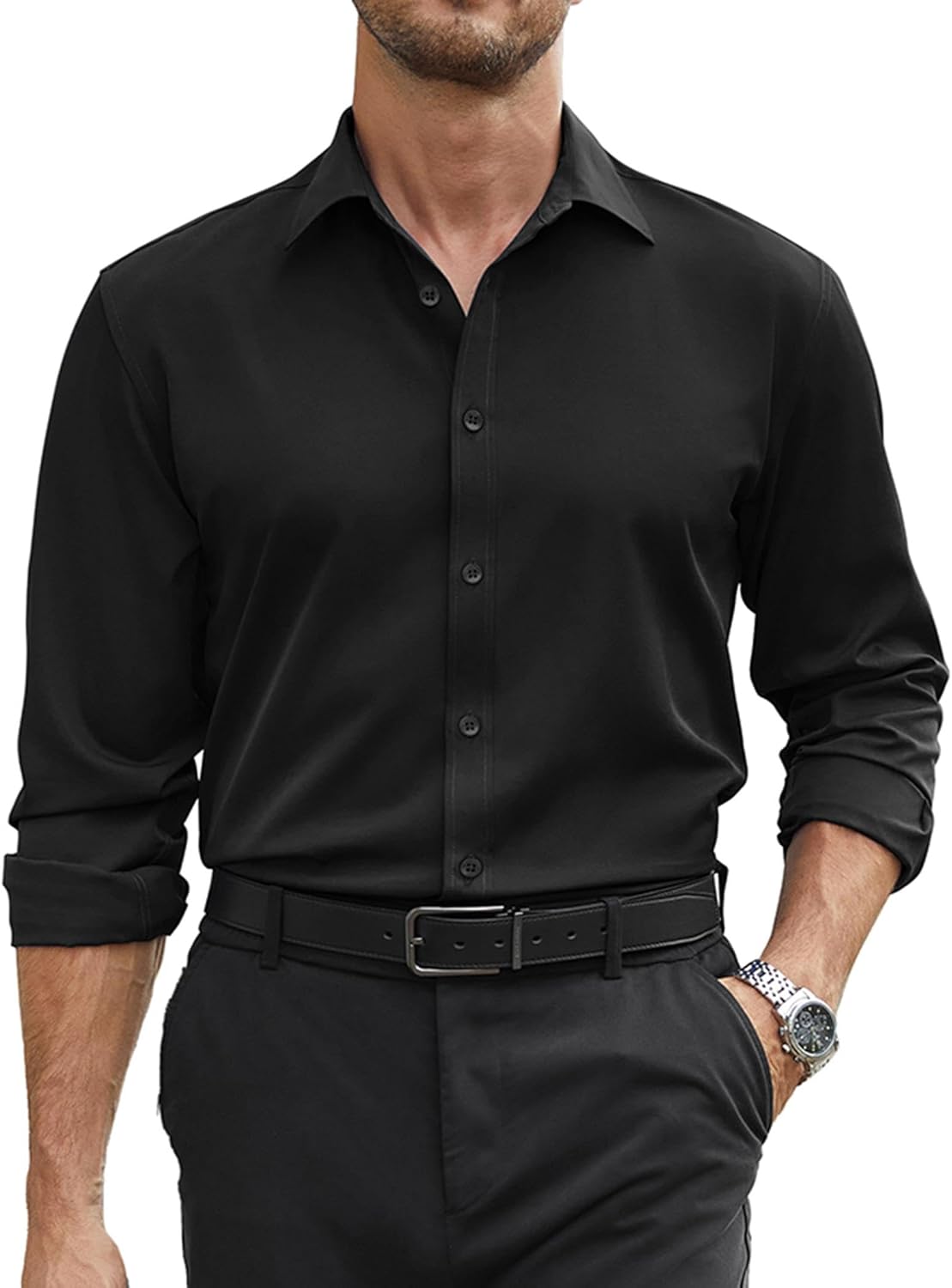 COOFANDY Mens Stretch Dress Shirts Long Sleeve Button Down Shirt Regular Fit Formal Business Wedding Shirts