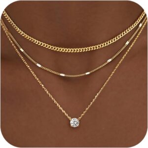 WomenGifts Layered Gold Necklaces for Women, 14K Gold Sterling Silver Plated Dainty Pendant Necklace Set Non Tarnish, Chunky Stackable Cuban Chain Choker, Trendy Personalized Birthstone Jewelry Gift for Mom