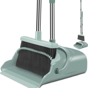 kelamayi Upgrade Broom and Dustpan Set, Large Size and with Long Handle, Upright,Ideal for Indoor Outdoor Garage Kitchen Room Office Lobby Use (Green)
