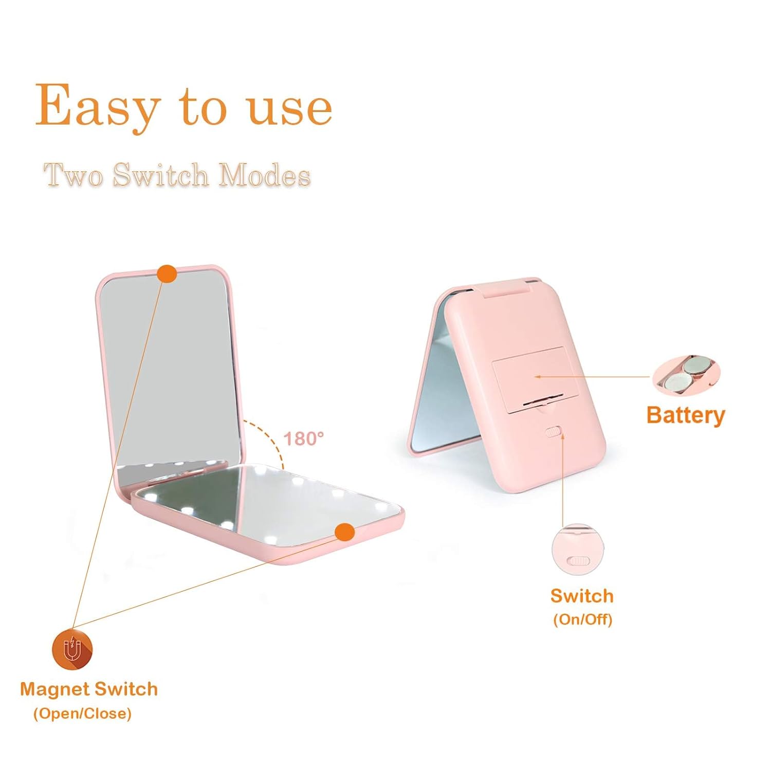 Kintion Pocket Mirror, 1X/3X Magnification LED Compact Travel Makeup Mirror with Light for Purse, 2-Sided, Portable, Folding, Handheld, Small Lighted Mirror for Gift, Pink - Image 6