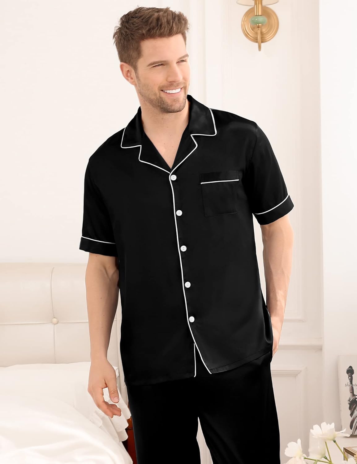 SWOMOG Mens Satin Pajama Set Short Sleeve Classic Sleepwear Button Down Silky Loungewear with Long Pants - Image 2