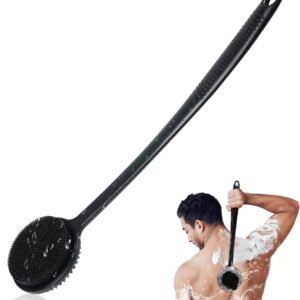 Silicone Back Scrubber for Shower, 17in Lengthen Long Handle Body Brush, Double Sided Shower Brush for Shower Exfoliating and Massage Can Produce Rich Foam, Long Handle Back Scrubber for Men