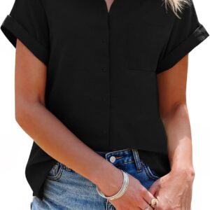 SySea Womens Short Sleeve Striped Shirts Casual Button Down V Neck Work Blouses Tops