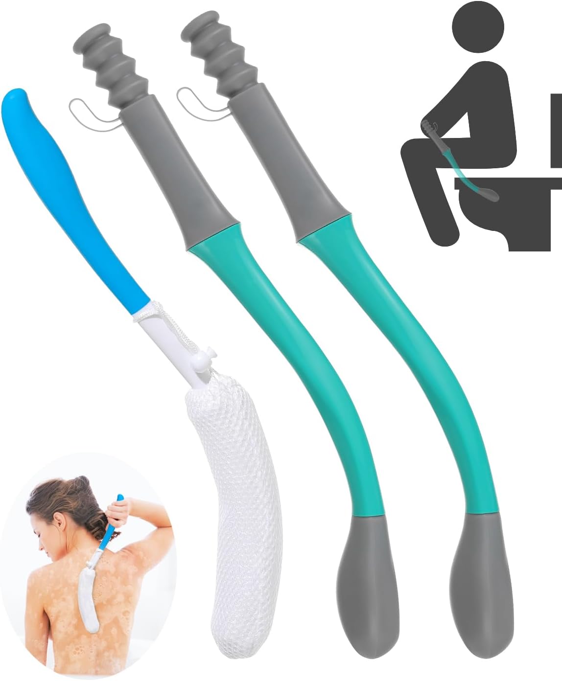 Extended Reach Butt Wiper Set - Includes 2 Toilet Aids for Wiping Tool and Butt Cleaner Bath Brush Long Handle - Bottom Buddy Wiping Aid for Disabled,Elderly,Pregnant(3 Pack)