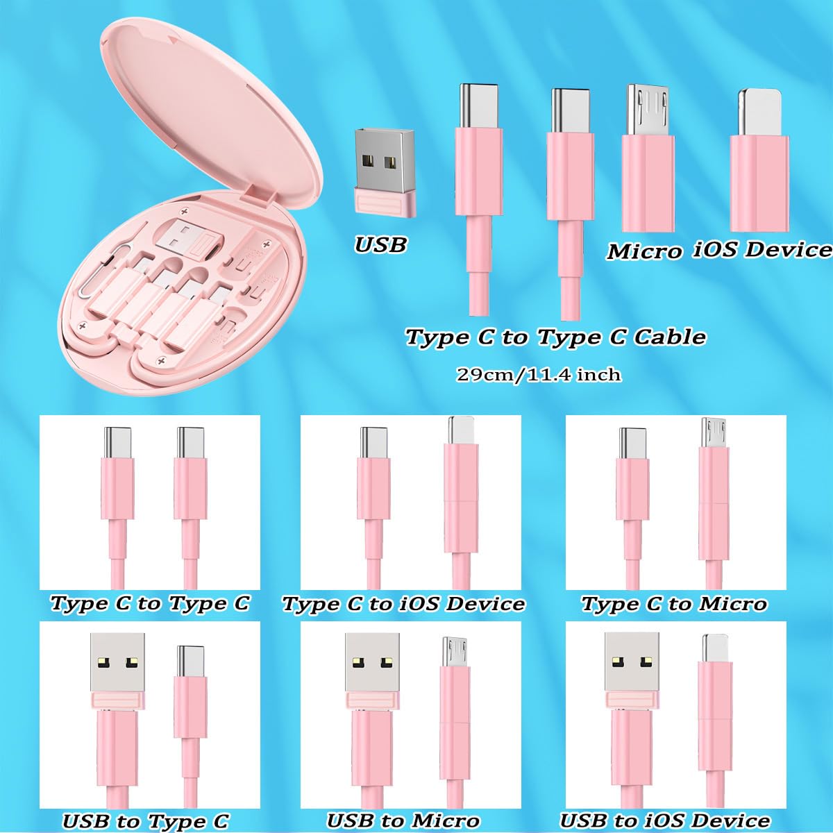 Multi USB Charging Adapter Cable Kit, USB C to iOS Device Adapter Box, Conversion Set A & Type C to Male Micro /Type C/iOS Device, Data Transfer, Card Storage, Tray Eject Pin, Phone Holder (pink) - Image 4