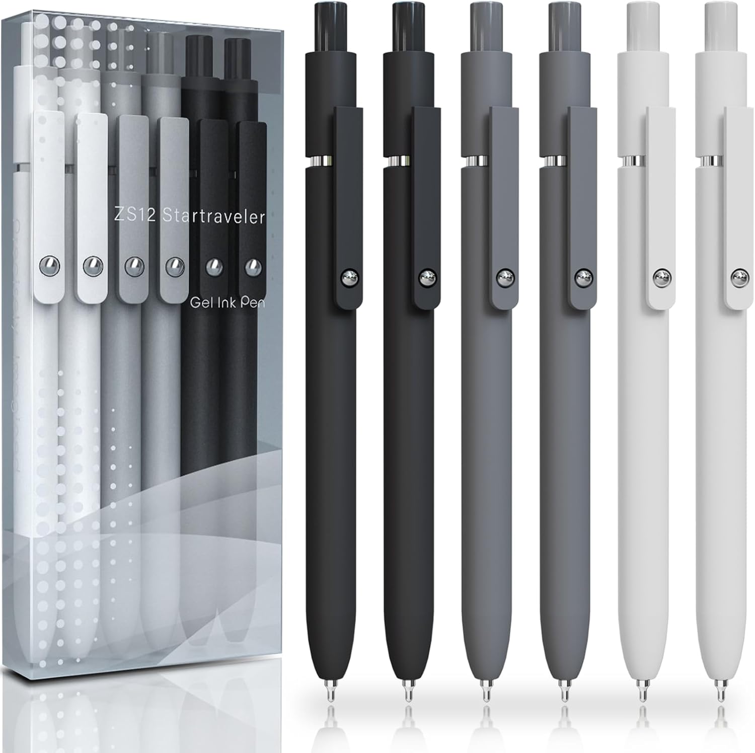 ACEES Gel Pens, 6 Pcs 0.5mm Fine Point Black Ink Pen With Smooth Writing, Office Desk Accessories, Writing Supplies Gifts for Men Women, Quick Dry Pens Ballpoint For Journaling, Black/Gray/White