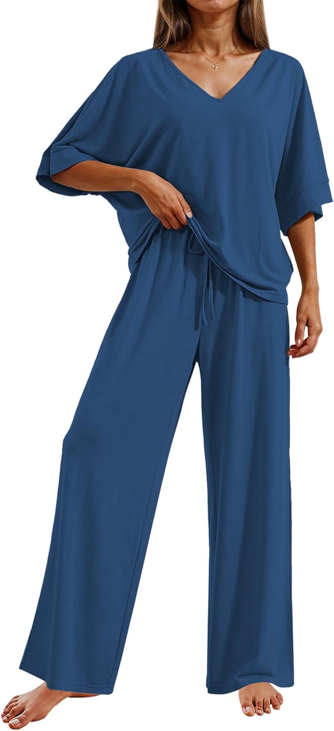 Ekouaer Pajama Sets for Women 2 Piece Lounge Set Short Sleeve Tops and Long Pants Soft Comfy Pjs Sleepwear Outfits S-XXL