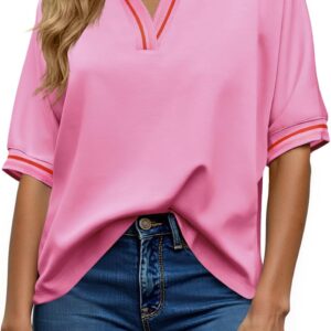 Tankaneo Womens Oversized T Shirt Casual V Neck Half Sleeve Color Block Work Tops Loose Fit Tunic Tees