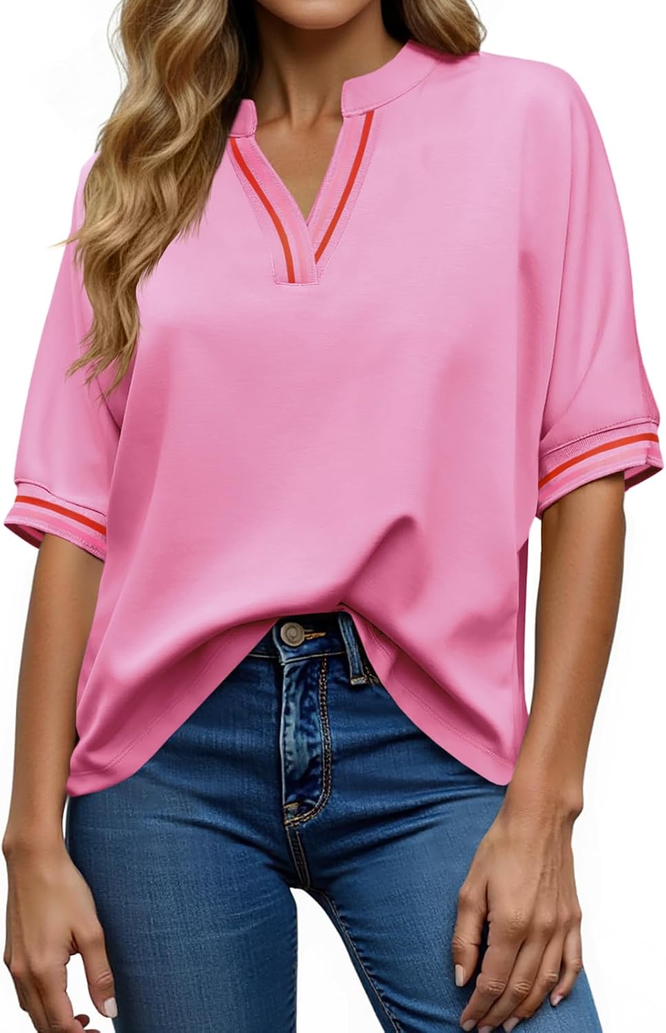 Tankaneo Womens Oversized T Shirt Casual V Neck Half Sleeve Color Block Work Tops Loose Fit Tunic Tees
