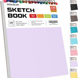 Soucolor 9″ x 12″ Aesthetic Sketch Book, 1-Pack 100 Sheets School Supplies Cute Sketchbook for Women, Japanese Stationary Sketching Supplies for Kids Teen Girl Gifts Birthday Gifts, Pastel Purple