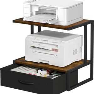 Printer Stand with Storage for Desk, with Fabric Drawer Desktop Printer Stand Shelf Organzier for Home Office, for Above and Under Desk Printer Table, Fax Machine Copier Scanner, Brown
