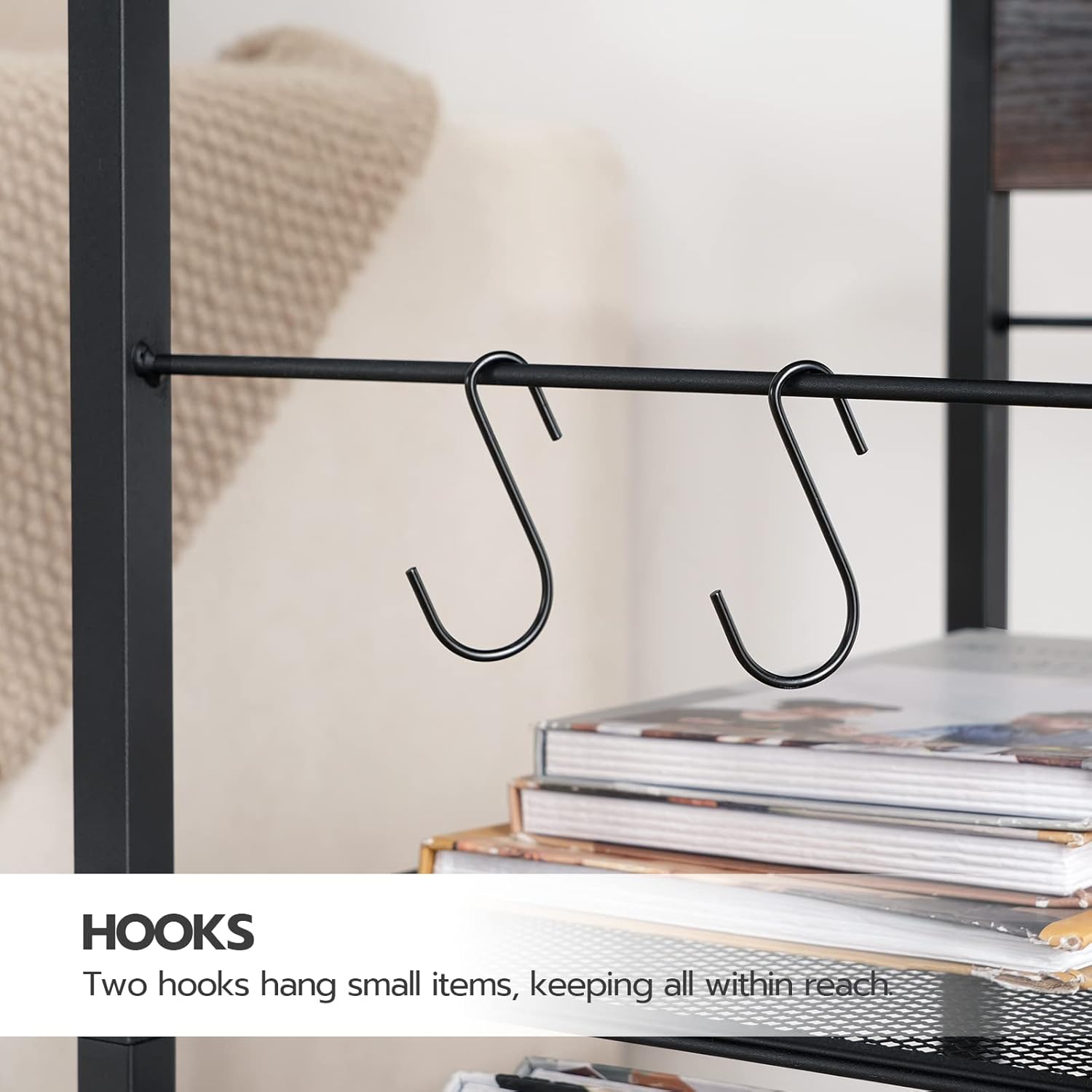 HOOBRO Industrial Printer Stand, 3-Tier Mobile Printer Table, Rolling Cart with Power Outlets and USB Ports, Home Printer Stand with 2 Hooks, for Office, Living Room, Rustic Brown BF22UPS01 - Image 7