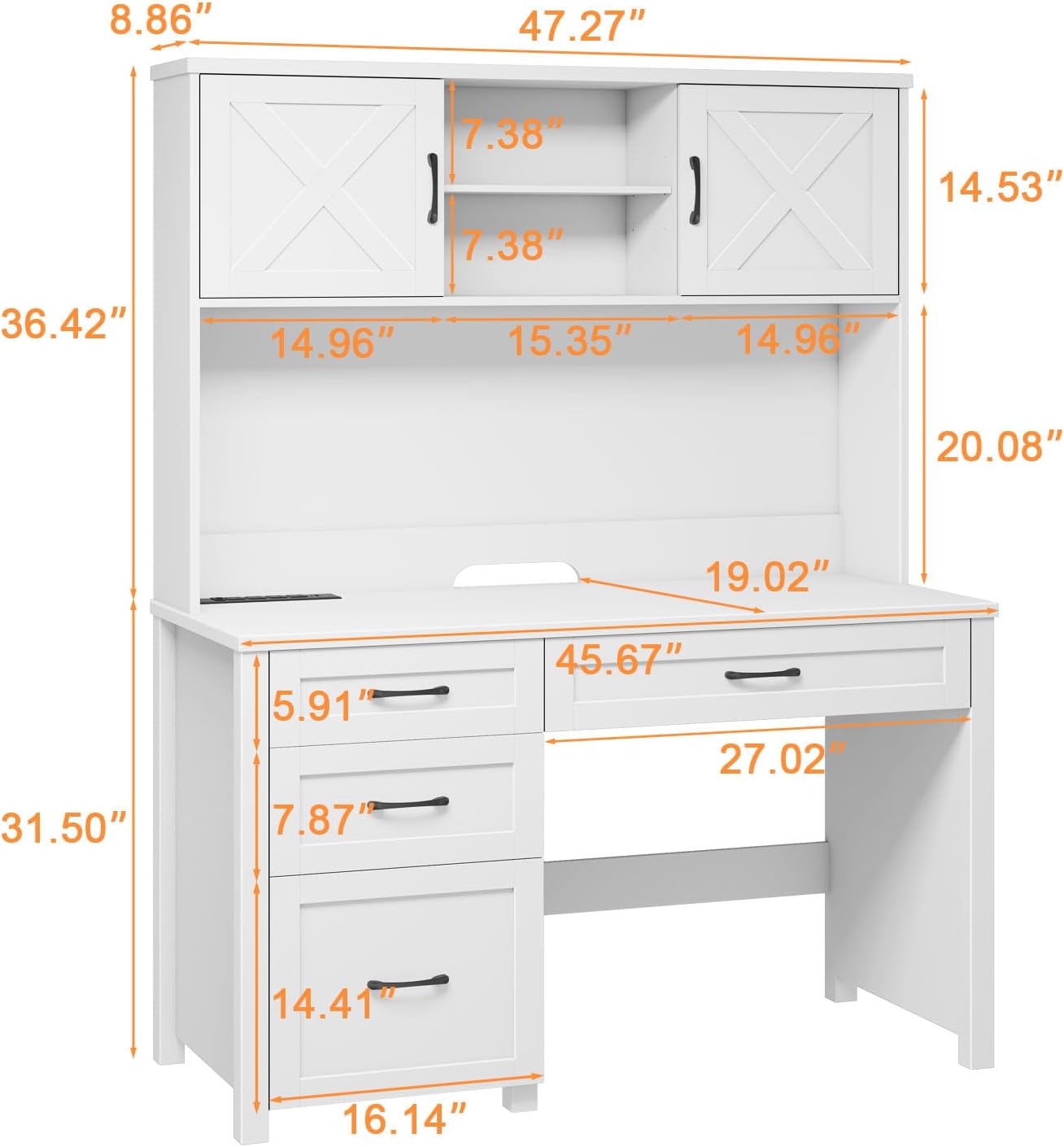 Halitaa Farmhouse 67" H Executive Desk with Hutch,Office Desk with 4 Drawers and LED Light, Wood Workstation for Home Office and Study, Computer Desk with File Drawers, Charging Station.Cream White - Image 2