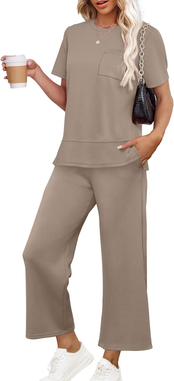 OFEEFAN Women's Lounge Sets Fashion Outfits Wide Leg Loungewear Side Slit Tracksuit for Vacation Travel Airport S-3XL