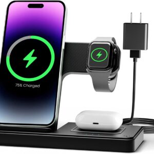 Wireless Charger iPhone Charging Station: 3 in 1 Charger Stand Multiple Devices for Apple – iPhone 17 16e 16 15 14 Pro Max 13 12 11 – Watch 11 10 9 8 7 6 5 4 3 2 SE and Ultra Series – Airpods 4 3 Pro