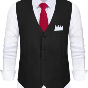 Men’s Formal Suit Vest with Tie Pocket Square Slim Fit 3 Pockets Waistcoat Vest Set for Men