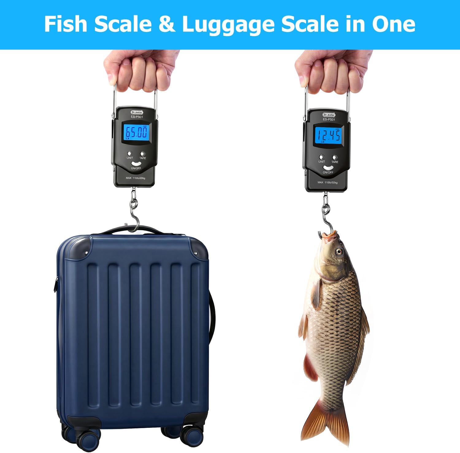 Dr.meter Fish Scale Luggage Scale Fishing Gear - 110lb Backlit LCD Display Digital Scale with Built-in Measuring Tape - Fishing Scale with 2 AAA Batteries, Pocket Size - Fishing Gifts for Men - Image 2