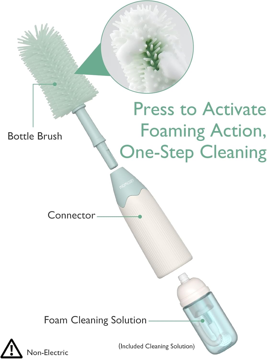 Momcozy Bottle Brush Kit with Push-Press Foam Design - Newborn Essentials Gift, Portable Cleaning Tool for Home & Travel, Baby Bottle Cleaner Brush for Breast Pumps & Nipples, Green - Image 2