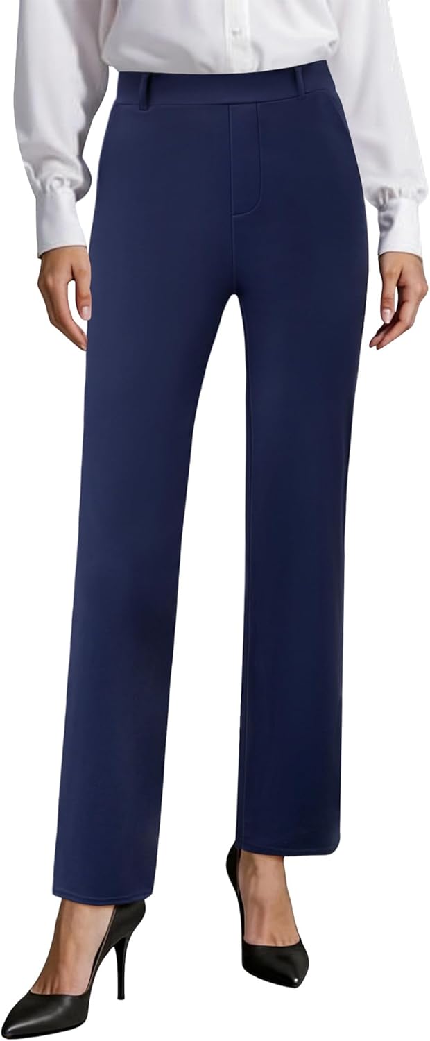 DLOODA Womens Stretchy Dress Work Pants, Business Casual Straight Leg Office Trousers Pull On Slacks with 2 Pockets