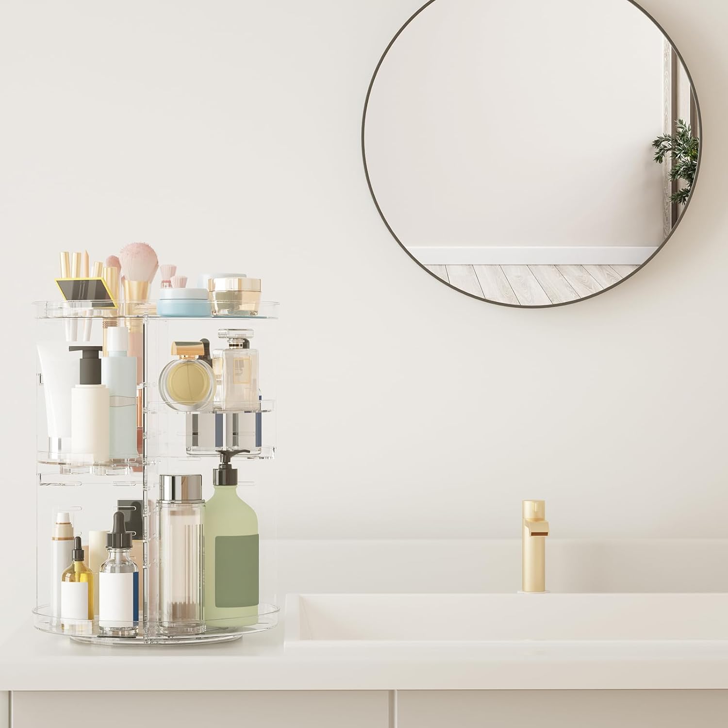 Rotating Makeup Organizer, DIY 8 Adjustable Layers Spinning Skincare Organizer, Cosmetic Display Case with Brush Holder Perfume Tray, Multi-Function Storage Carousel for Vanity Bathroom Countertop - Image 2