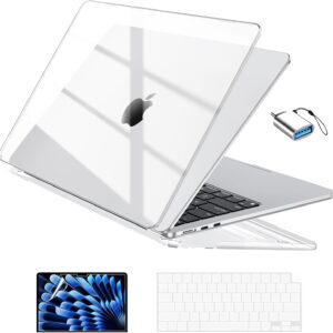EooCoo Compatible with MacBook Air 13 inch Case M5 2026-2022 M4 M3 M2 Model A3449 A3240 A3113 A2681, Mac Air 13.6 inch Hard Shell & Keyboard Cover & Screen Film & Type-C, Crystal Clear
