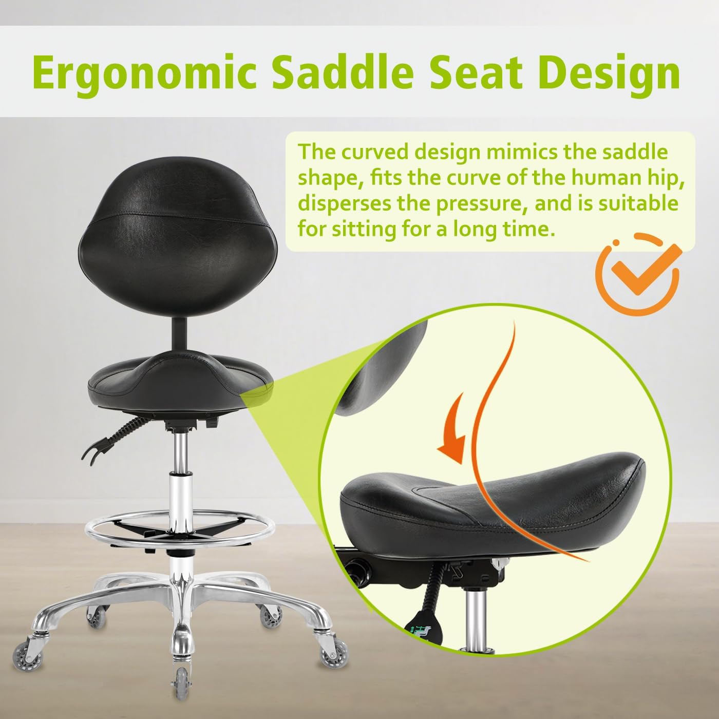 Saddle Stool Chair with Wheels,Ergonomic Swivel Rolling Height Adjustable for Salon Beauty Clinic Dentist Tattoo Home Office - Image 3