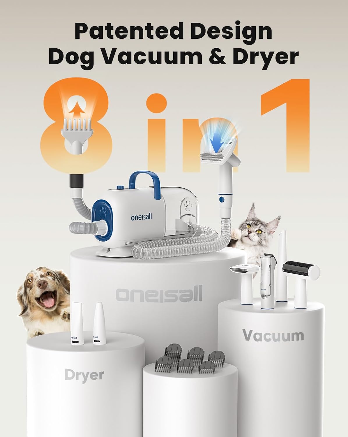 oneisall Dog Vacuum & Dryer for Shedding Grooming, 8 in 1 Dog Grooming Kit with Metal Blade Pet Clippers, Adjustable Speed and Temperature Control Blower - Image 2